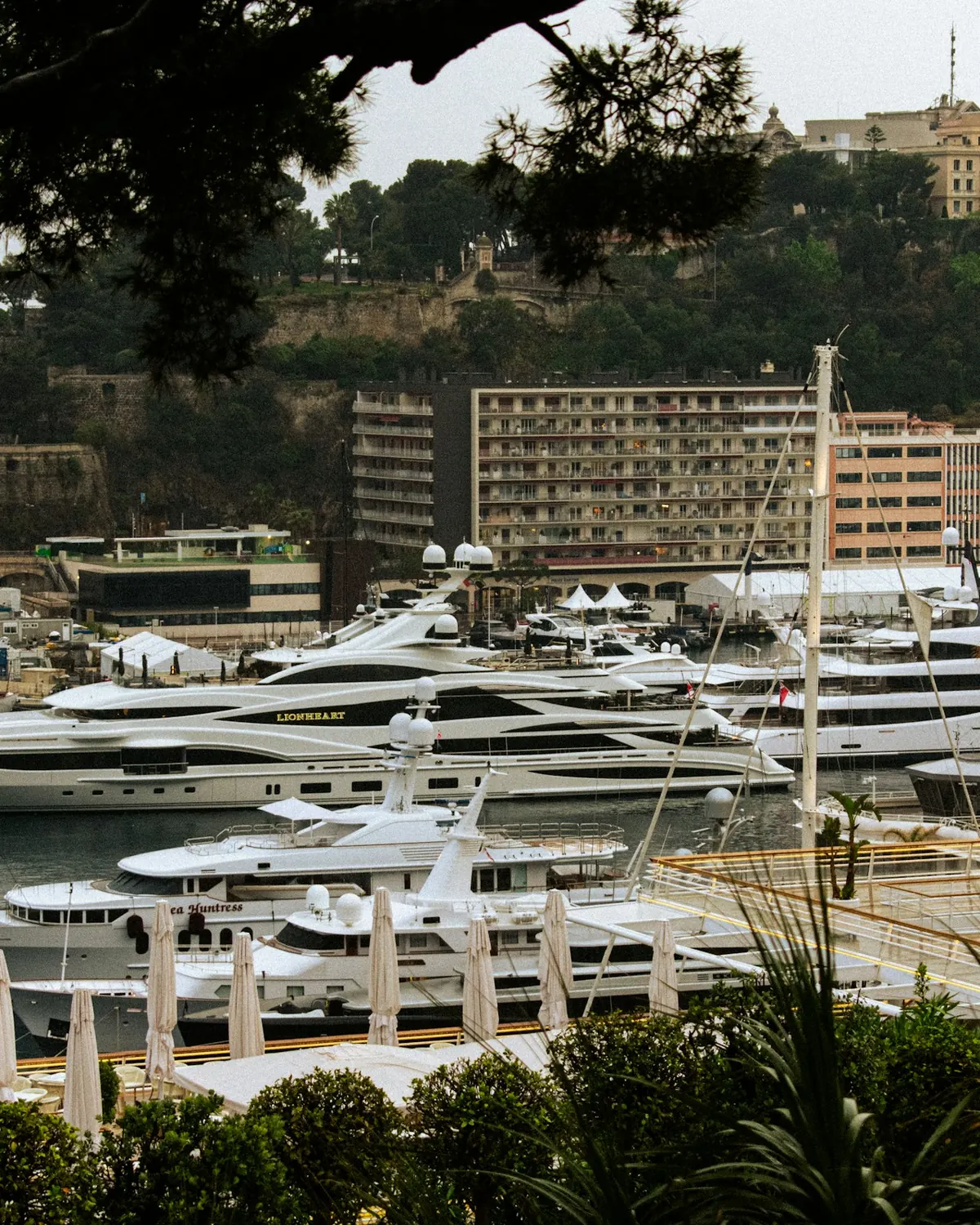 Yachts moored in a Riviera harbour below the town